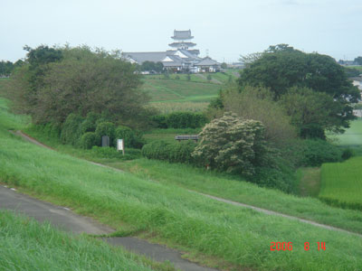 スーパー堤防から見る関宿城本丸跡と御三階櫓